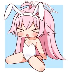 Rule 34 | &gt; &lt;, 1girl, :o, ahoge, animal ears, bare arms, bare legs, bare shoulders, barefoot, blue archive, blue background, blush, breasts, chibi, closed eyes, collarbone, facing viewer, fake animal ears, full body, hair between eyes, hairband, halo, hana kazari, highres, hoshino (blue archive), leotard, long hair, open mouth, pink hair, playboy bunny, rabbit ears, sitting, small breasts, solo, strapless, strapless leotard, two-tone background, very long hair, wariza, white background, white hairband, white leotard