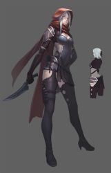 Rule 34 | 1girl, bad id, bad pixiv id, blade, boots, brown eyes, elbow gloves, full body, gloves, hand on own hip, high heels, highres, hood, long hair, multiple views, nfb-zmc, original, scarf, shoes, silver hair, simple background, thigh boots, thighhighs