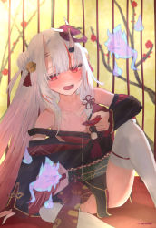 Rule 34 | 1girl, bare shoulders, blush, breasts, cleavage, collarbone, double bun, drunk, hair bun, hair ornament, highres, hololive, horns, japanese clothes, kimono, long hair, looking at viewer, mask, mask on head, multicolored hair, nakiri ayame, nakiri ayame (1st costume), no bra, open mouth, red eyes, skin-covered horns, solo, thighhighs, varsoligt, virtual youtuber, white hair, white thighhighs