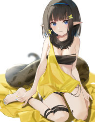 Rule 34 | 1girl, arknights, bandeau, bare arms, bare shoulders, barefoot, black hair, black scarf, blue eyes, blue hairband, blue nails, breasts, cleavage, commentary, eunectes (arknights), hairband, looking at viewer, medium breasts, multicolored nails, nail art, nail polish, pointy ears, scarf, short hair, simple background, sitting, smile, snake tail, solo, strapless, tail, thigh strap, thighs, toenail polish, toenails, tube top, wariza, white background, xiui7, yellow nails