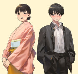 Rule 34 | 1boy, 1girl, :d, black hair, black jacket, black pants, blush, brown background, closed mouth, collared shirt, commentary request, dress shirt, gakuran, grey eyes, hiwatari rin, jacket, japanese clothes, kimono, looking at viewer, obi, open clothes, open jacket, open mouth, original, pants, pink kimono, sash, school uniform, shirt, simple background, smile, white shirt