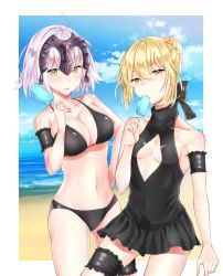 Rule 34 | 2girls, ahoge, artoria pendragon (alter swimsuit rider) (fate), artoria pendragon (alter swimsuit rider) (first ascension) (fate), artoria pendragon (fate), bad id, bad pixiv id, bare shoulders, blonde hair, blush, breasts, cleavage, cleavage cutout, closed mouth, clothing cutout, collarbone, fate/grand order, fate (series), food, headpiece, highres, jeanne d&#039;arc (fate), jeanne d&#039;arc (ruler) (fate), jeanne d&#039;arc alter (avenger) (fate), jeanne d&#039;arc alter (fate), large breasts, looking at viewer, medium breasts, multiple girls, navel, parted lips, popsicle, rossa (pixiv27548922), short hair, swimsuit, white hair, yellow eyes
