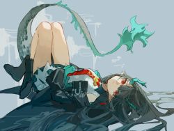 Rule 34 | 1girl, arknights, black footwear, black hair, black jacket, boots, closed mouth, collared shirt, colored skin, commentary, dragon horns, dragon tail, dusk (arknights), english commentary, full body, green skin, green skirt, highres, horns, jacket, knees up, kurattes, legs, long hair, long sleeves, looking at viewer, lying, miniskirt, multicolored skin, necktie, on back, open clothes, open jacket, pointy ears, red eyes, red necktie, shirt, simple background, skirt, sleeveless, sleeveless shirt, solo, tail, two-tone skin, upside-down, white shirt