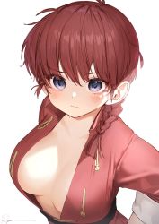 Rule 34 | 1girl, bad id, bad twitter id, blue eyes, blush, braid, braided ponytail, breasts, chinese clothes, genderswap, genderswap (mtf), highres, large breasts, long hair, long sleeves, looking at viewer, ranma-chan, ranma 1/2, red hair, ryota (ry o ta), saotome ranma, signature, simple background, solo, tangzhuang, upper body, white background