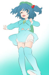 Rule 34 | 1girl, ;p, backpack, bag, bloomers, blue eyes, blue hair, boots, ica, kawashiro nitori, key, looking at viewer, matching hair/eyes, one eye closed, rubber boots, sketch, skirt, solo, thigh boots, thighhighs, tongue, tongue out, touhou, two side up, underwear, wink