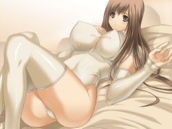 Rule 34 | 1girl, as (artist), ass, blush, breasts, brown eyes, brown hair, covered erect nipples, cross, detached sleeves, huge breasts, kamikaze (as), large breasts, legs, leotard, long hair, lying, mikoto (kamikaze), on back, original, skin tight, solo, sweat, thick thighs, thighhighs, thighs, white thighhighs