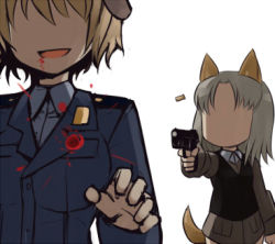 Rule 34 | 10s, 2girls, animal ears, bad id, bad pixiv id, blonde hair, blood, brave witches, bullet hole, casing ejection, edytha rossmann, fox ears, fox tail, grey hair, gun, handgun, lowres, military, military uniform, multiple girls, murder, no eyes, null (nyanpyoun), open mouth, pistol, shell casing, short hair, smile, strike witches, tail, uniform, waltrud krupinski, weapon, world witches series