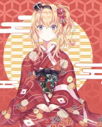 Rule 34 | 1girl, bad id, bad twitter id, blonde hair, blush, crown, floral print, hair ornament, hair up, hairband, hands on lap, highres, japanese clothes, kantai collection, kimono, long hair, long sleeves, mini crown, multicolored eyes, obi, ponytail, red background, sa-ya2, sash, side ponytail, sidelocks, smile, solo, warspite (kancolle), wide sleeves