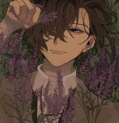 Rule 34 | 1boy, artist name, ashlioxx, bandaged arm, bandaged neck, bandages, black eyes, blue gemstone, brown hair, brown jacket, bungou stray dogs, closed mouth, collared shirt, dazai osamu (bungou stray dogs), flower, gem, grass, hair between eyes, hair over one eye, hand up, highres, jacket, jewelry, leaf, long sleeves, looking up, lying, male focus, necklace, on back, purple flower, shirt, short hair, smile, solo, upper body, white shirt