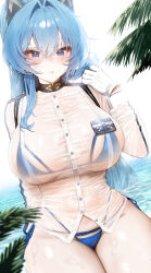 Rule 34 | 1girl, absurdres, bikini, bikini under clothes, blue bikini, blue eyes, blue hair, breasts, gloves, goddess of victory: nikke, hair intakes, hand up, helm (aqua marine) (nikke), helm (nikke), highres, large breasts, long hair, looking at viewer, mochirong, navel, official alternate costume, see-through, see-through shirt, shirt, sitting, solo, stomach, swimsuit, thighs, water, wet, wet clothes, wet shirt, white gloves