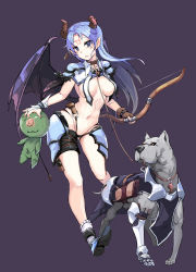 Rule 34 | 1girl, 463 jun, :3, absurdres, animal, armor, arrow (projectile), bikini armor, black panties, bow (weapon), breasts, bridal gauntlets, broken horn, brown gloves, clothed animal, collar, convenient censoring, demon girl, demon horns, demon wings, dog, doll, facial mark, fingerless gloves, gloves, highres, horns, impaled, large breasts, leash, long hair, navel, original, panties, pointy ears, prosthesis, purple eyes, purple hair, revealing clothes, ribbon, simple background, single glove, underwear, very long hair, weapon, wings
