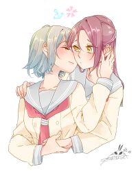 Rule 34 | 2girls, anchor symbol, blush, breasts, closed mouth, collarbone, commentary request, couple, grey hair, grey sailor collar, hair ornament, hairclip, half updo, hand on another&#039;s cheek, hand on another&#039;s face, hand on another&#039;s shoulder, highres, holding hands, kashikaze, long hair, long sleeves, love live!, love live! sunshine!!, medium breasts, multiple girls, neckerchief, necktie, red hair, red neckerchief, sailor collar, sakurauchi riko, school uniform, serafuku, shirt, short hair, sidelocks, signature, simple background, single sidelock, upper body, uranohoshi school uniform, watanabe you, white background, white shirt, yellow eyes, yuri
