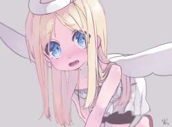 Rule 34 | 1other, all fours, angel wings, bare shoulders, bike shorts, black shorts, blonde hair, blue eyes, blush, broken halo, crimvael, dress, grey background, halo, highres, ishuzoku reviewers, long hair, open mouth, shorts, simple background, solo, strapless, strapless dress, white dress, wings, yuuani