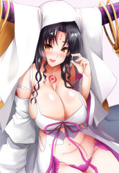 Rule 34 | 1girl, bad id, bad pixiv id, bare shoulders, black hair, blush, breasts, chest tattoo, cleavage, collarbone, dress, facial mark, fate/extra, fate/extra ccc, fate (series), forehead mark, highres, horn ornament, horn ring, horns, large breasts, long hair, long sleeves, looking at viewer, navel, off shoulder, open mouth, panties, parted bangs, pink panties, revealing clothes, sessyoin kiara, sezok, smile, solo, tattoo, underwear, veil, wavy hair, white dress, wide sleeves, yellow eyes