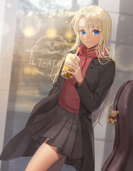 Rule 34 | 1girl, alternate costume, alternate hairstyle, bag charm, black jacket, black skirt, blonde hair, blue eyes, blurry, blurry background, bubble tea, charm (object), closed mouth, cup, depth of field, disposable cup, drawstring, gunslinger girl, hair between eyes, holding, holding cup, hood, hoodie, instrument case, jacket, jewelry, kankito, leaning on object, light smile, long hair, long sleeves, looking at viewer, miniskirt, mixed-language commentary, outdoors, pleated skirt, red hoodie, skirt, smile, solo, standing, tan, triela, very long hair