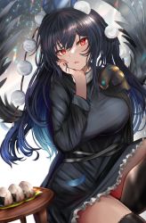 Rule 34 | 1girl, black dress, black hair, black sleeves, black thighhighs, blue hat, breasts, chromatic aberration, dress, eyes visible through hair, food, grey background, hair between eyes, hand on own face, hand up, hat, houdukixx, iizunamaru megumu, large breasts, long hair, long sleeves, looking at viewer, onigiri, open mouth, pom pom (clothes), red eyes, sitting, solo, sparkle, sparkle background, sunlight, table, thighhighs, touhou, white background, wings