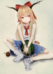 Rule 34 | 1girl, ascot, bad id, bad pixiv id, blonde hair, bow, chain, cuffs, food, fruit, hair bow, highres, horn ornament, horn ribbon, horns, ibuki suika, long hair, name connection, object namesake, qunqing, red eyes, ribbon, shackles, shirt, simple background, sitting, skirt, sleeveless, socks, solo, touhou, v arms, very long hair, watermelon, white background, white shirt