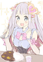 Rule 34 | 1girl, :d, absurdres, atelier (series), atelier lulua, bad id, bad pixiv id, blue shirt, blush, bow, breasts, brown jacket, cleavage, cleavage cutout, clothing cutout, cup, curry, curry rice, dated, drink, drinking glass, elmerulia fryxell, food, grey eyes, grey hair, hair ornament, hands up, heart, heart cutout, heart hair ornament, highres, holding, holding spoon, jacket, long hair, minidraco, nail polish, off shoulder, open clothes, open jacket, open mouth, pink bow, pink nails, rice, shirt, simple background, sleeveless, sleeveless shirt, small breasts, smile, solo, sparkle, spoon, table, teeth, upper body, upper teeth only, v-shaped eyebrows, white background