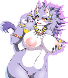Rule 34 | 1girl, alternate form, animal ears, armlet, bracelet, breasts, cat ears, cat girl, cat tail, claws, cleft of venus, colored sclera, cum, cum in pussy, earrings, fangs, furry, furry female, highres, isabella (seiken densetsu 3), jewelry, lactation, large areolae, large breasts, mellonsoda, multicolored hair, necklace, nipples, plump, purple fur, purple hair, pussy, red sclera, ring, seiken densetsu, seiken densetsu 3, slit pupils, solo, tail, two-tone hair, yellow eyes