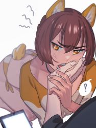 Rule 34 | 1girl, ?, absurdres, anger vein, animal ears, anko (nia), bad id, bad twitter id, brown hair, highres, nia (nia4294), open mouth, orange eyes, original, panties, phone, print shirt, shirt, simple background, solo, spoken question mark, tail, underwear, white background