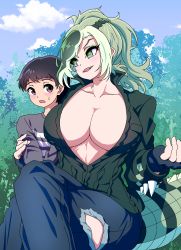 Rule 34 | 1boy, 1girl, absurdres, age difference, arm around back, black hair, blush, braid, breasts, child, cleavage, collarbone, crocodilian tail, crown braid, day, fangs, fingerless gloves, gloves, green eyes, green hair, hand up, height difference, highres, huge breasts, jacket, kemono friends, crossed legs, long hair, long sleeves, looking at another, mamiyama, multicolored hair, no bra, open mouth, outdoors, pants, partially unzipped, saltwater crocodile (kemono friends), short hair, sidelocks, sitting, slit pupils, smile, solo focus, spikes, stomach, sweater, tail, torn clothes, torn pants, zipper
