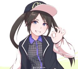 Rule 34 | 1girl, baseball cap, black hair, blue eyes, disco brando, grin, hat, idolmaster, idolmaster shiny colors, long hair, looking at viewer, mitsumine yuika, ok sign, simple background, smile, solo, twintails, twitter username, underwear, white background