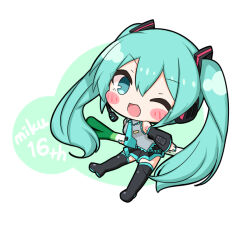Rule 34 | 1girl, ;d, aqua hair, aqua nails, black footwear, black skirt, black sleeves, blue eyes, blush stickers, boots, breasts, character name, collared shirt, commentary, detached sleeves, full body, green background, grey shirt, hair between eyes, hatsune miku, headphones, holding, komakoma (magicaltale), long hair, long sleeves, nail polish, one eye closed, open mouth, pleated skirt, shirt, skirt, sleeveless, sleeveless shirt, sleeves past wrists, small breasts, smile, solo, spring onion, thigh boots, twintails, two-tone background, very long hair, vocaloid, white background, wide sleeves