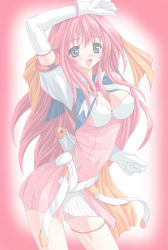 Rule 34 | 00s, 1girl, :d, arm up, beat angel escalayer, blue eyes, breasts, cleavage, covered navel, elbow gloves, escalayer, gloves, kouenji sayuka, lolita channel, long hair, open mouth, pink background, pink hair, simple background, skin tight, smile, solo, thigh strap, very long hair