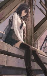 Rule 34 | 1girl, black thighhighs, boots, breasts, commentary request, cross-laced footwear, hair between eyes, highres, lace-up boots, long hair, long sleeves, looking at viewer, medium breasts, necktie, original, outdoors, pink sky, pray (furei), purple sky, school uniform, shirt, sitting, sky, solo, thighhighs, white shirt