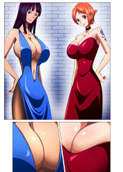 Rule 34 | 2girls, absurdres, armpits, bare shoulders, black eyes, black hair, blue dress, blush, breast focus, breasts, choker, cleavage, close-up, closed mouth, dress, earrings, female focus, folded ponytail, hand on own hip, highres, huge breasts, jewelry, legs, light blush, long hair, looking at viewer, multiple girls, multiple views, nami (one piece), navel, nico robin, one piece, orange eyes, orange hair, pantyhose, qdoujin (pixiv44648813), red dress, shoulder tattoo, simple background, smile, standing, strapless, strapless dress, tattoo, thighs, tile wall, tiles