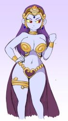 Rule 34 | 1girl, absurdres, alternate costume, bare legs, bare shoulders, bracelet, breasts, cleavage, clenched hand, closed mouth, colored sclera, cosplay, earrings, gradient background, hand on own hip, hand up, highres, jewelry, large breasts, long hair, looking to the side, midriff, nail polish, navel, neck, neck ring, omegasunburst, purple hair, red eyes, revealing clothes, risky boots, serious, shantae, shantae (cosplay), shantae (series), solo, standing, straight hair, strapless, thick thighs, thighlet, thighs, yellow sclera