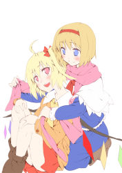 Rule 34 | 2girls, ahoge, alice margatroid, alternate costume, blonde hair, blue eyes, blush, female focus, flandre scarlet, flat color, highres, multiple girls, no headwear, pink eyes, pink scarf, pino (birthdayparty), scarf, short hair, side ponytail, simple background, smile, spot color, touhou, white background, wings