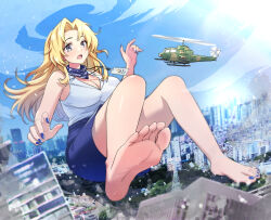 Rule 34 | 1girl, aircraft, bare shoulders, barefoot, blonde hair, blue nails, blue skirt, blue sky, blush, breasts, building, city, cleavage, commission, convenient leg, day, dutch angle, eyelashes, feet, floating hair, foot focus, foreshortening, giant, giantess, grey eyes, hair intakes, hand up, helicopter, high-waist skirt, highres, honshiro nikori, impossible clothes, impossible shirt, knees up, large breasts, legs, long hair, miniskirt, mole, mole under eye, nail polish, name tag, office lady, on ground, open mouth, original, parted bangs, shirt, sidelocks, sitting, skeb commission, skirt, sky, sleeveless, sleeveless shirt, soles, solo, teeth, toenail polish, toenails, toes