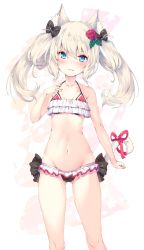 Rule 34 | 1girl, absurdres, animal ear fluff, animal ears, azur lane, bare arms, bare shoulders, bell, bikini, black bikini, black bow, blue eyes, blush, bow, cat ears, cat girl, cat tail, closed mouth, collarbone, commentary request, fang, fang out, fingernails, flower, frilled bikini, frills, hair between eyes, hair bow, hair flower, hair ornament, hair rings, hammann (azur lane), hammann (rebellious summer) (azur lane), hand up, highres, jingle bell, looking at viewer, nail polish, nakazawa aki, navel, pink nails, red bikini, red flower, red ribbon, red rose, ribbon, rose, sidelocks, silver hair, solo, standing, swimsuit, tail, tail bell, tail ornament, tail ribbon, twintails, v-shaped eyebrows