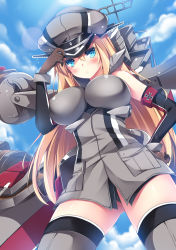 Rule 34 | 10s, 1girl, :&lt;, bismarck (kancolle), blonde hair, blue eyes, blush, breasts, detached sleeves, from below, gloves, grey thighhighs, hand on own hip, hat, impossible clothes, impossible shirt, kantai collection, large breasts, long hair, looking at viewer, military, military hat, military uniform, murasakio, panties, peaked cap, personification, shirt, solo, thighhighs, underwear, uniform