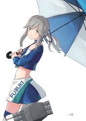 Rule 34 | 1girl, brown eyes, commentary request, cowboy shot, crop top, grey hair, hachiyou (hatiyo), hair ribbon, highres, kantai collection, long hair, long sleeves, looking at viewer, midriff, mini person, minigirl, navel, official alternate costume, ponytail, race queen, ribbon, simple background, solo, torpedo launcher, umbrella, usugumo (kancolle), white background