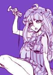 Rule 34 | 1girl, arm support, arm up, buttons, crescent, crescent hair ornament, cup, drinking glass, dripping, eyelashes, hair ornament, hair ribbon, hat, holding, holding cup, legs, looking up, mob cap, monochrome, nightgown, open mouth, patchouli knowledge, pouring, purple background, purple hair, purple theme, ribbon, simple background, sitting, solo, spot color, thupoppo, touhou, wine glass