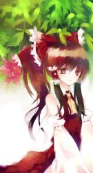 Rule 34 | 1girl, bad id, bad pixiv id, brown eyes, brown hair, detached sleeves, female focus, gradient background, hakurei reimu, japanese clothes, miko, nature, plant, prino hawell, solo, touhou, white background