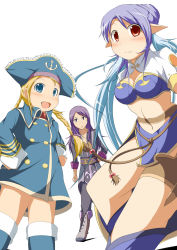 Rule 34 | 00s, 1boy, 2girls, :3, aqua hair, blonde hair, blue eyes, blue hair, blush, boots, breasts, hat, highres, judith (tales), looking at viewer, mirano, multiple girls, navel, patty fleur, pirate hat, pointy ears, purple hair, red eyes, simple background, tales of (series), tales of vesperia, thighhighs, white background, yuri lowell