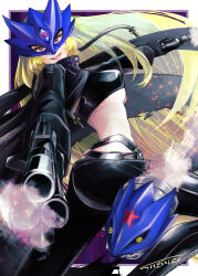 Rule 34 | 1girl, absurdres, ass, beelstarmon, belt, belt collar, black belt, black gloves, black jacket, black mask, black pants, black scarf, blonde hair, breasts, collar, commentary request, commission, cropped vest, digimon, digimon (creature), dual wielding, eye mask, firing, floating hair, gloves, gun, handgun, highres, holding, holding gun, holding weapon, jacket, leather, leather jacket, leather pants, long hair, long sleeves, looking at viewer, mask, medium breasts, motion blur, open clothes, open jacket, pants, parted lips, partial commentary, pink eyes, revolver, scarf, sidelocks, signature, smile, solo, stomach, suehiro sanpachi, third eye, tight clothes, tight pants, underboob, vest, weapon