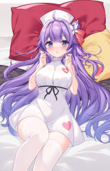 Rule 34 | 1girl, ahoge, azur lane, blush, breasts, dress, hair bun, hair ribbon, hat, highres, large breasts, long hair, looking at viewer, lying, nurse, nurse cap, on back, one side up, open mouth, pillow, purple eyes, purple hair, red ribbon, ribbon, single hair bun, single side bun, skindentation, solo, thighhighs, unicorn (angelic nurse) (azur lane), unicorn (azur lane), very long hair, white dress, white hat, white thighhighs, yuxian youka
