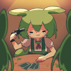 1girl :3 ayakashi_(monkeypanch) blood blurry blurry_foreground card closed_eyes commentary_request crying green_blood green_hair green_pants gun gun_to_head handgun highres holding holding_gun holding_weapon imminent_suicide liar&#039;s_bar light_particles no_nose pants playing_card red_ribbon ribbon shirt solo_focus spotlight suspenders tears voicevox weapon white_shirt zundamon