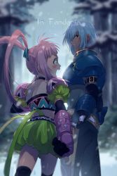Rule 34 | 1boy, 1girl, armor, blush, chelsea torn, choker, dress, echo (circa), gloves, hair ornament, high ponytail, long hair, midriff, open mouth, pink hair, ponytail, skirt, snow, snowing, split ponytail, tales of (series), tales of destiny, thighhighs, tree, twintails, woodrow kelvin