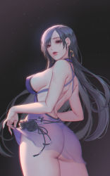 Rule 34 | 1girl, alternate costume, ass, back, bare shoulders, black background, black hair, breasts, clothes lift, covered erect nipples, dress, earrings, final fantasy, final fantasy vii, final fantasy vii remake, flower, highres, jewelry, large breasts, long hair, love cacao, open mouth, panties, parted bangs, purple dress, purple panties, red eyes, see-through, sideboob, skirt, skirt lift, thighs, thong, tifa lockhart, tifa lockhart (refined dress), underwear