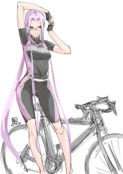 Rule 34 | 1girl, absurdly long hair, bicycle, bike shorts, black shirt, blouse, breasts, dated, fate/stay night, fate (series), female focus, fingerless gloves, glasses, gloves, highres, long hair, medusa (fate), medusa (rider) (fate), purple hair, shirt, simple background, sketch, solo, square pupils, standing, tooya daisuke, very long hair, white background