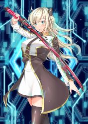 Rule 34 | 1girl, absurdres, ayasaki (711733), black thighhighs, blonde hair, breasts, collared dress, dress, duel monster, green eyes, highres, holding, holding weapon, katana, long hair, long sleeves, medium breasts, necktie, short dress, sky striker ace - raye, smile, sword, thighhighs, two-tone dress, weapon, yu-gi-oh!