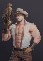 Rule 34 | 1boy, abs, bad id, bad pixiv id, bara, bare shoulders, belt, biceps, bird, blue eyes, brown pants, cowboy hat, eagle, facial hair, feet out of frame, gloves, goatee, hat, highres, large pectorals, leather, leather belt, leather gloves, looking at viewer, male focus, mature male, muscular, muscular male, navel, navel hair, nipples, open clothes, open shirt, original, pants, pectoral cleavage, pectorals, realistic, saolin (wudangx), shirt, short hair, sideburns, sleeveless, solo, standing, stomach, topless male, torn clothes, torn shirt, veins, wrinkled skin