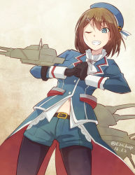 Rule 34 | 10s, 1girl, ;d, adapted costume, alternate costume, belt, black gloves, black pantyhose, blue eyes, brown hair, buttons, dated, e20, gloves, grin, hair ornament, hairclip, hat, kantai collection, long sleeves, looking at viewer, machinery, maya (kancolle), maya kai ni (kancolle), navel, one eye closed, open mouth, pantyhose, short hair, shorts, smile, solo, turret, twitter username, x hair ornament