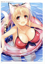 Rule 34 | 1girl, absurdres, animal ears, artist name, bare shoulders, barefoot, bikini, blonde hair, blush, breasts, cleavage, collarbone, day, fang, feet, front-tie bikini top, front-tie top, highres, innertube, large breasts, long hair, looking at viewer, non-web source, open mouth, original, outdoors, partially submerged, polka dot, polka dot bikini, red eyes, scan, solo, swim ring, swimsuit, tail, tiger ears, tiger tail, toranoana, water