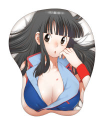 Rule 34 | 1girl, :o, aged down, bed, black eyes, black hair, blunt bangs, blush, breast mousepad, breasts, brown eyes, chi-chi (dragon ball), cleavage, dragon ball, female focus, hair down, hickey, highres, hime cut, large breasts, looking at viewer, lying, mousepad, mousepad (medium), on back, on bed, solo, sweatband, yukimitsuki